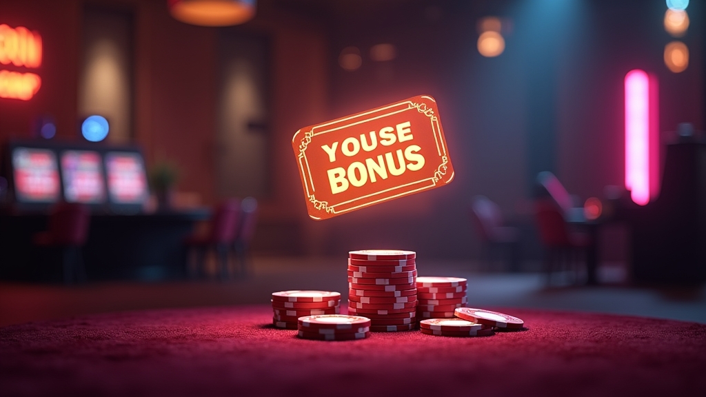 New player bonus card glowing above a casino sign-up screen